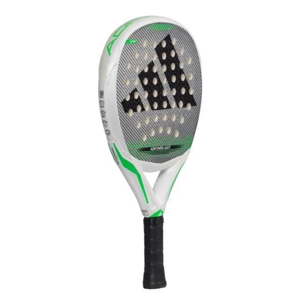 Imagen lateral de la pala de pádel adidas adipower light 3.3 del año 2024 en color verde gris y blanco