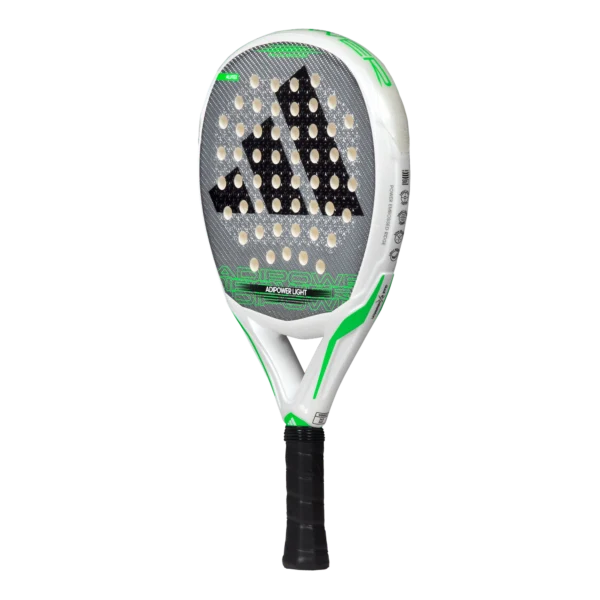 Imagen lateral desde un segundo ángulo de la pala de pádel adidas adipower light 3.3 del año 2024 en color verde gris y blanco