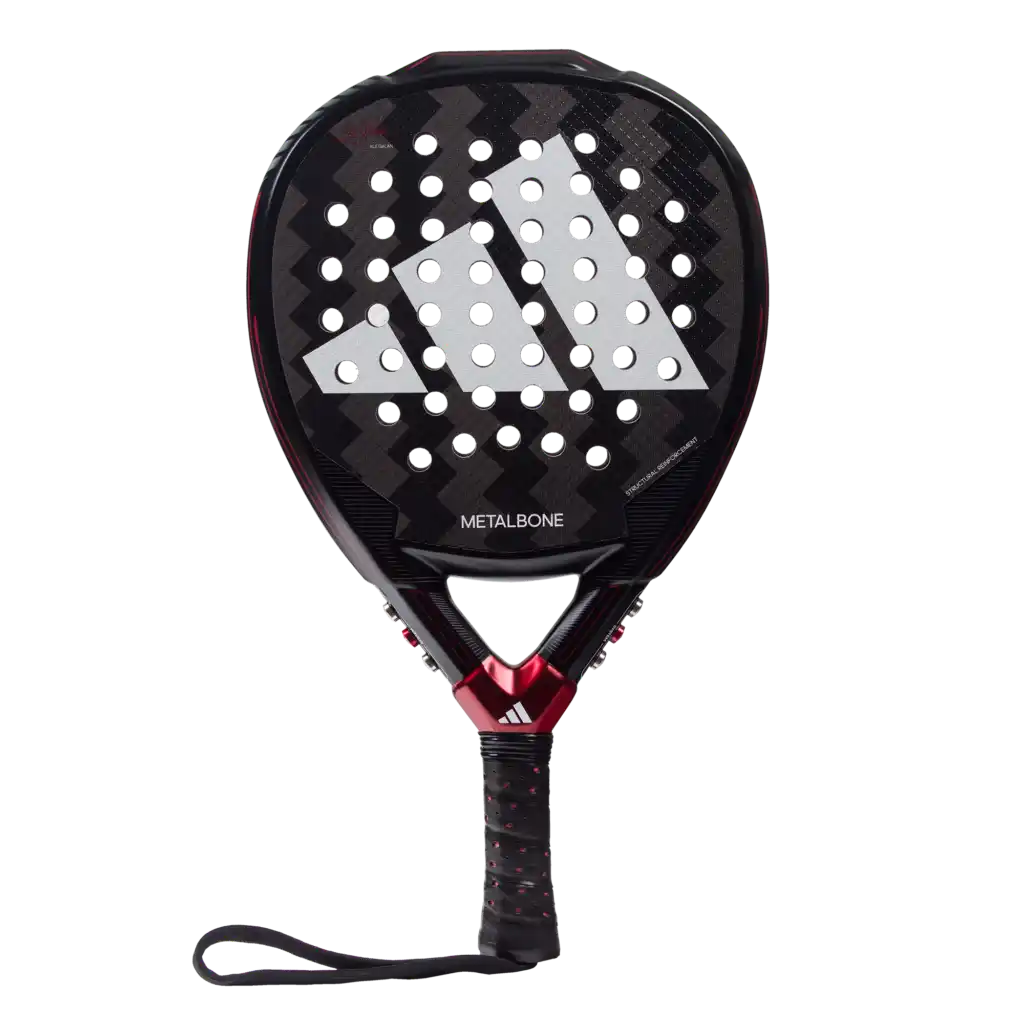 Imagen frontal de la pala de padel adidas metalbone 3.3 2024 del jugador profesional Ale Galán en negro y rojo
