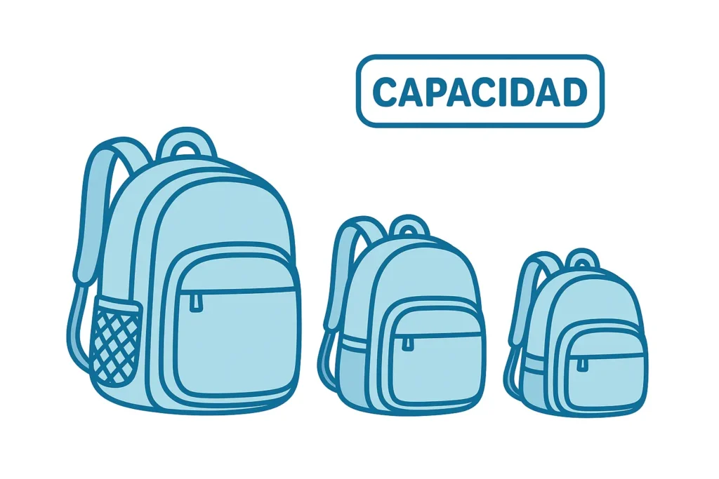 Caricatura de diferentes mochilas de padel con diferentes capacidades de volumen