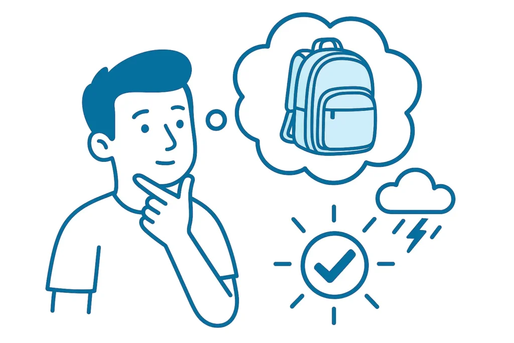 Caricatura de un joven eligiendo una mochila de padel en base a su resistencia al clima